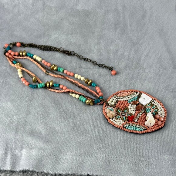 Beaded Multicolor Pendant Necklace Coral Turquoise Gold Colors Shell Accents - Picture 2 of 16